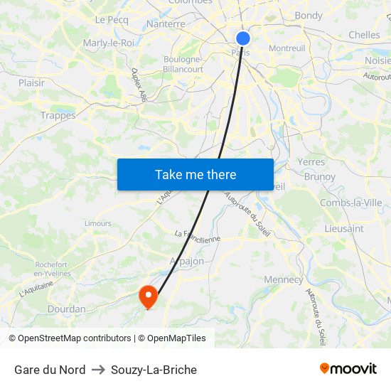 Gare du Nord to Souzy-La-Briche map