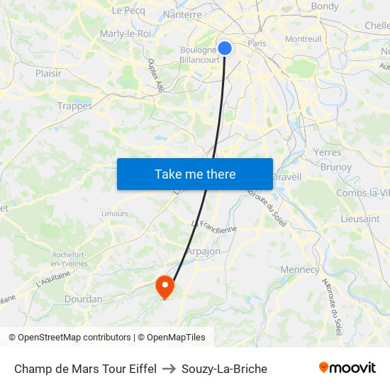 Champ de Mars Tour Eiffel to Souzy-La-Briche map