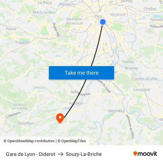 Gare de Lyon - Diderot to Souzy-La-Briche map