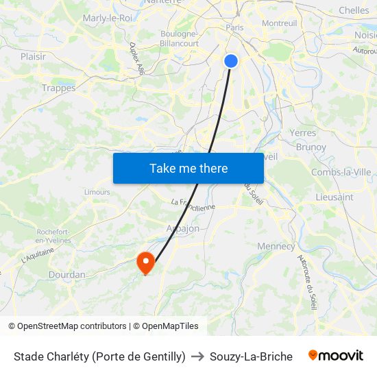Stade Charléty (Porte de Gentilly) to Souzy-La-Briche map