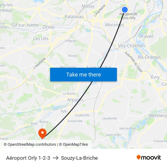 Aéroport Orly 1-2-3 to Souzy-La-Briche map