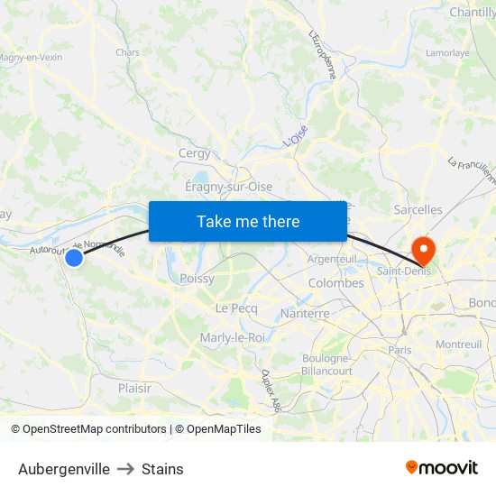 Aubergenville to Stains map