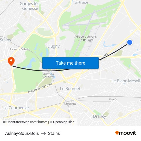 Aulnay-Sous-Bois to Stains map