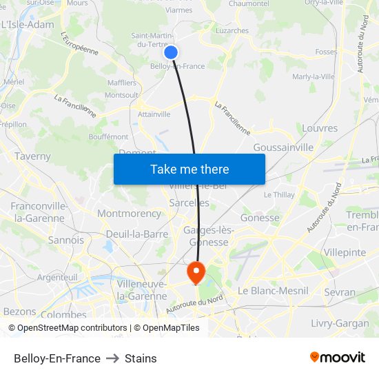 Belloy-En-France to Stains map