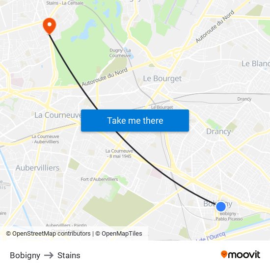 Bobigny to Stains map