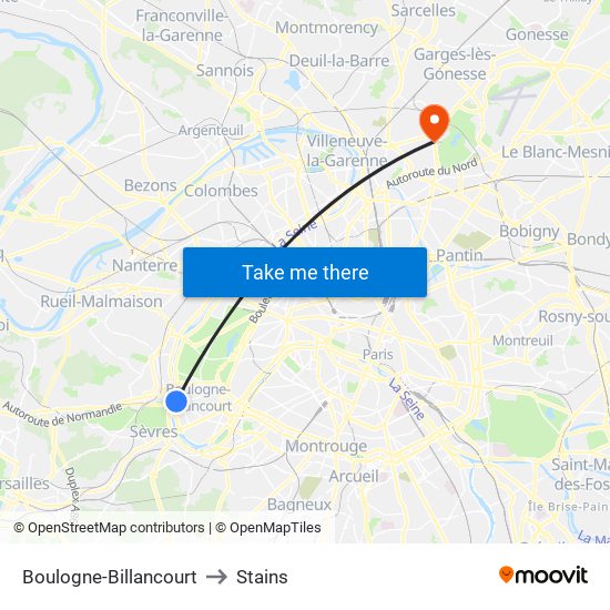 Boulogne-Billancourt to Stains map