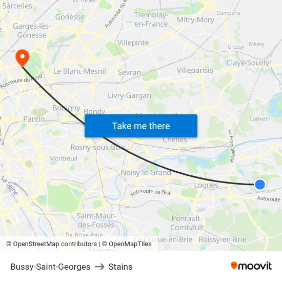 Bussy-Saint-Georges to Stains map