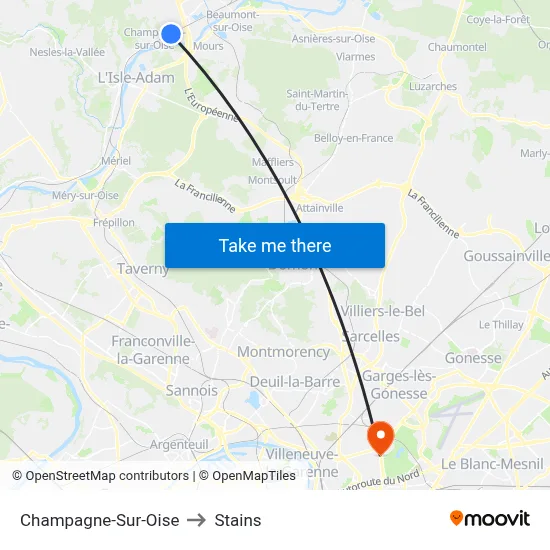 Champagne-Sur-Oise to Stains map