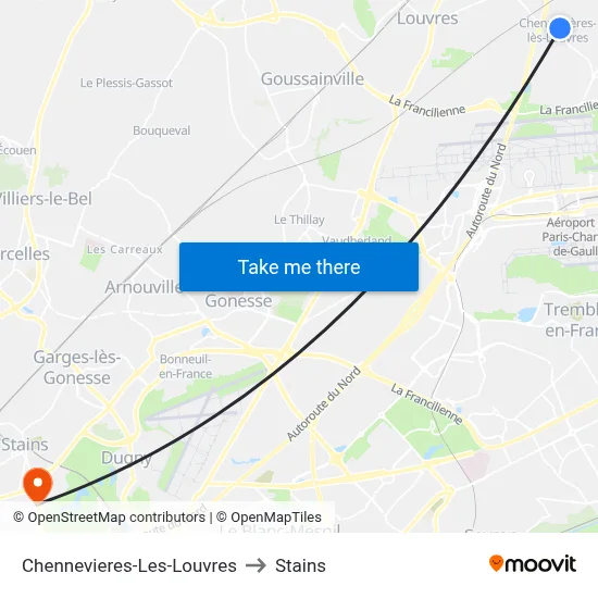 Chennevieres-Les-Louvres to Stains map
