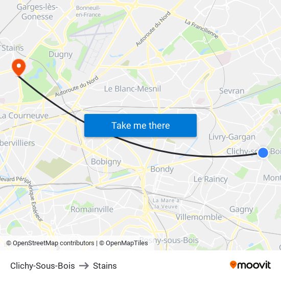 Clichy-Sous-Bois to Stains map