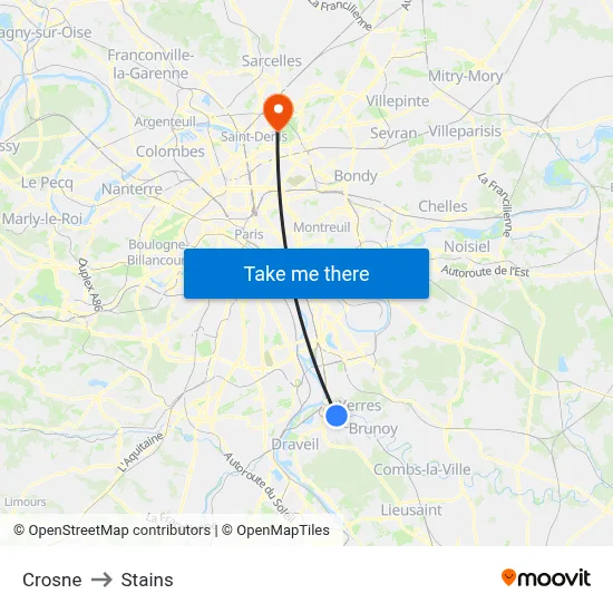 Crosne to Stains map