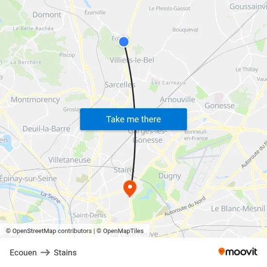 Ecouen to Stains map