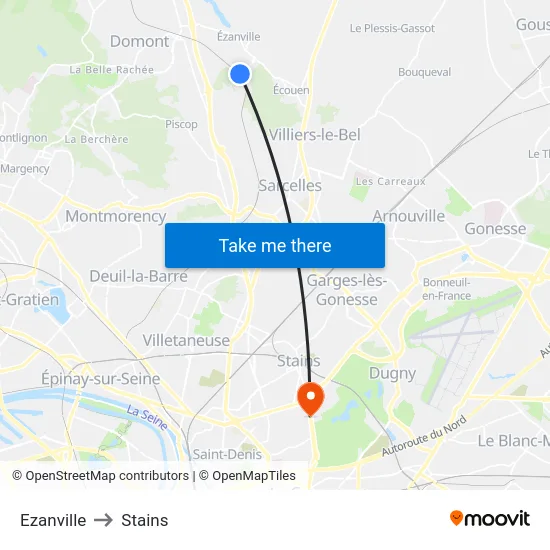 Ezanville to Stains map