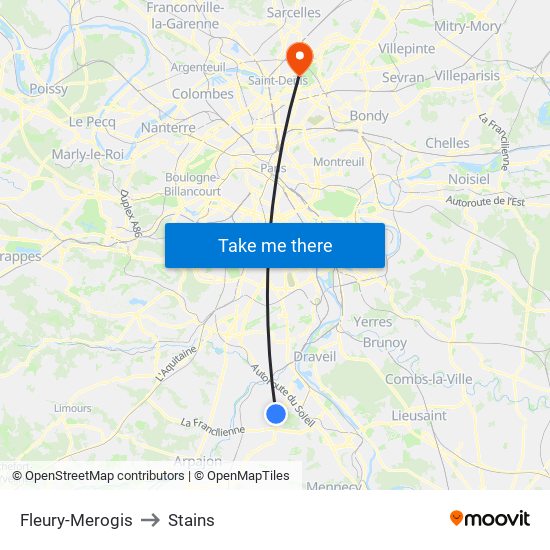 Fleury-Merogis to Stains map