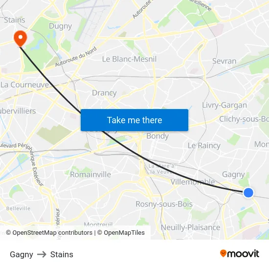 Gagny to Stains map