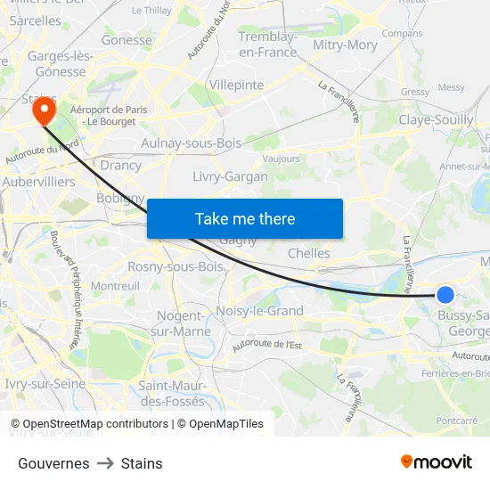 Gouvernes to Stains map