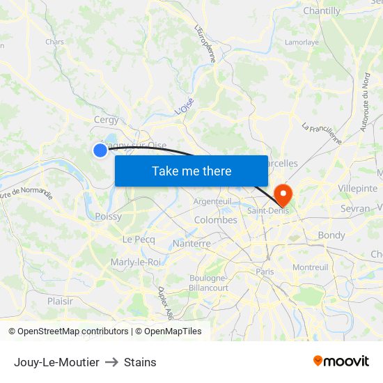 Jouy-Le-Moutier to Stains map