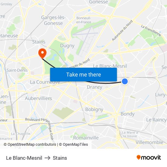 Le Blanc-Mesnil to Stains map