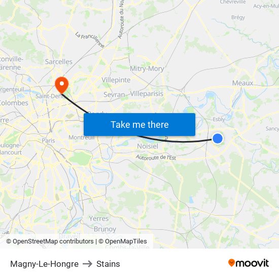 Magny-Le-Hongre to Stains map