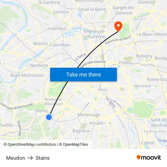 Meudon to Stains map