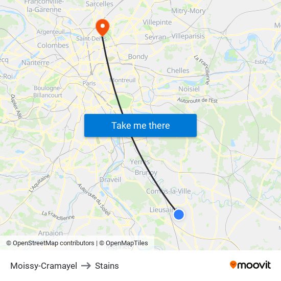 Moissy-Cramayel to Stains map