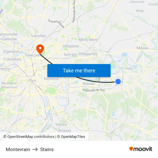 Montevrain to Stains map