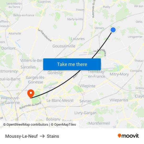Moussy-Le-Neuf to Stains map