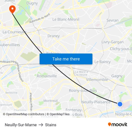 Neuilly-Sur-Marne to Stains map