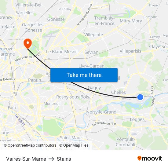 Vaires-Sur-Marne to Stains map