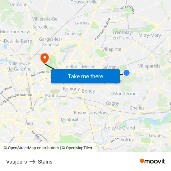 Vaujours to Stains map