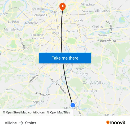 Villabe to Stains map