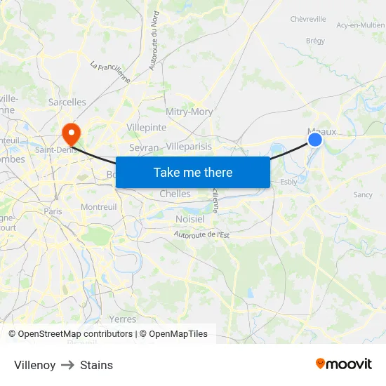 Villenoy to Stains map