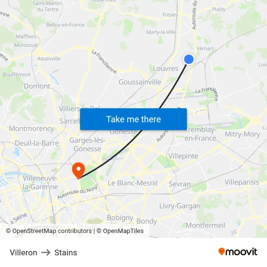 Villeron to Stains map