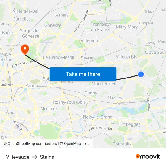 Villevaude to Stains map