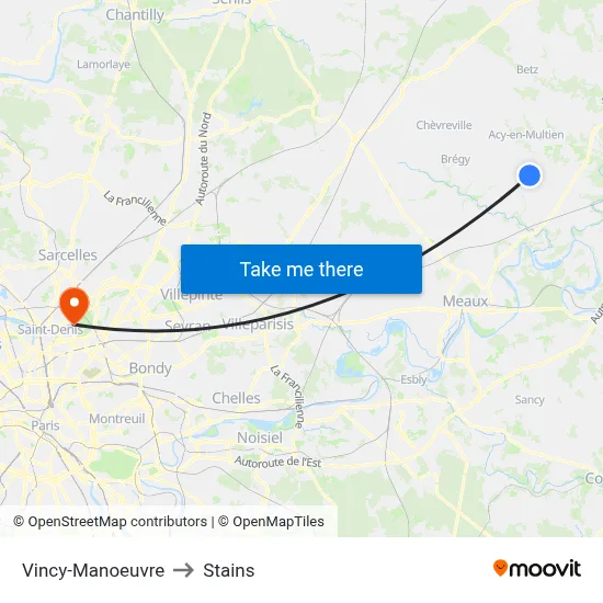 Vincy-Manoeuvre to Stains map
