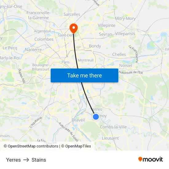 Yerres to Stains map