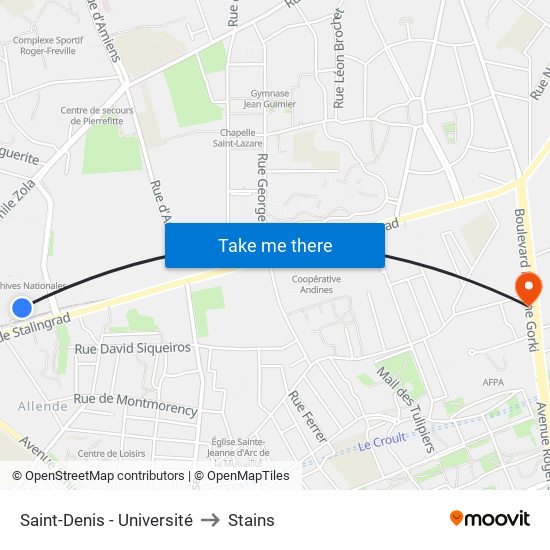 Saint-Denis - Université to Stains map