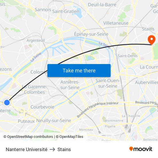 Nanterre Université to Stains map