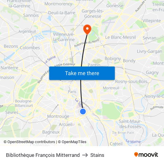 Bibliothèque François Mitterrand to Stains map