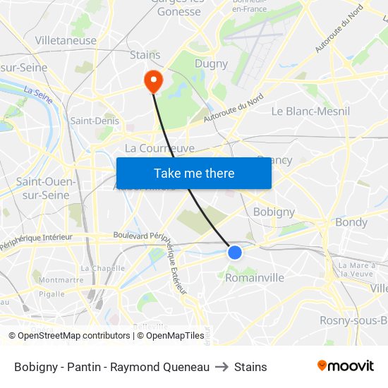 Bobigny - Pantin - Raymond Queneau to Stains map