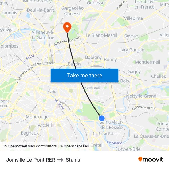 Joinville-Le-Pont RER to Stains map