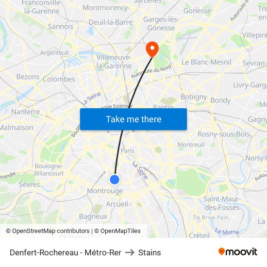 Denfert-Rochereau - Métro-Rer to Stains map