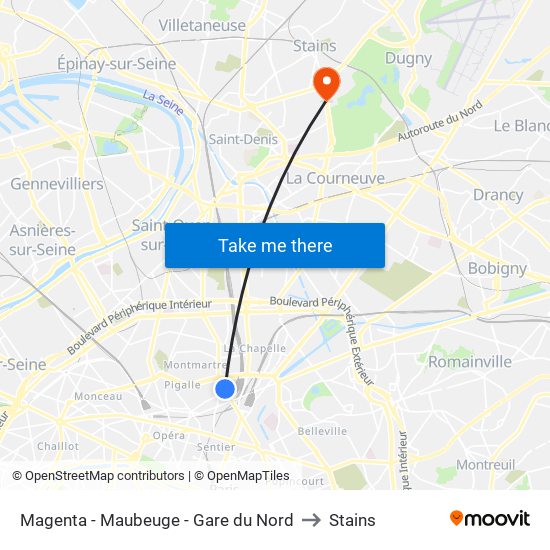 Magenta - Maubeuge - Gare du Nord to Stains map