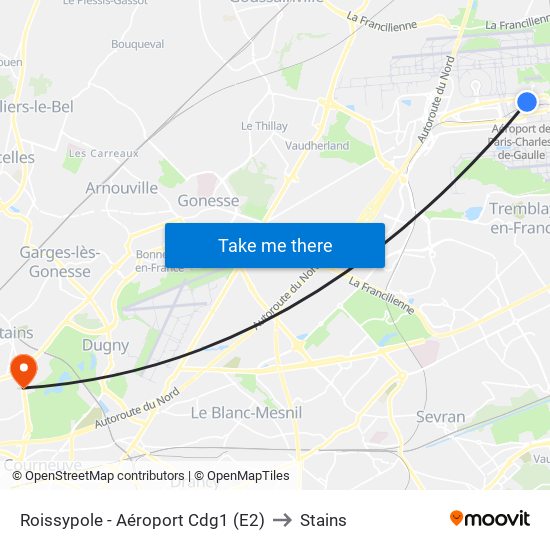 Roissypole - Aéroport Cdg1 (E2) to Stains map