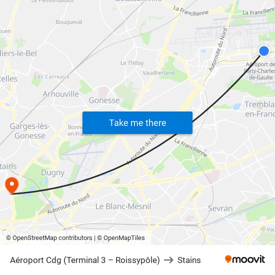 Aéroport Cdg (Terminal 3 – Roissypôle) to Stains map