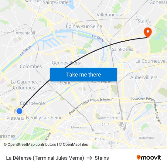 La Défense (Terminal Jules Verne) to Stains map