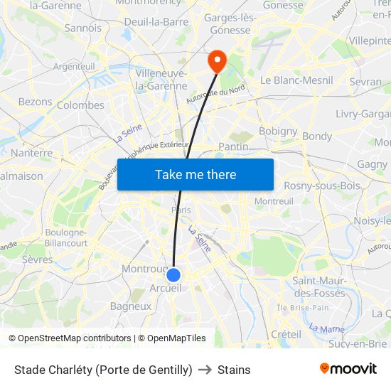 Stade Charléty (Porte de Gentilly) to Stains map