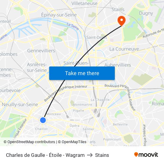 Charles de Gaulle - Étoile - Wagram to Stains map