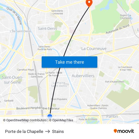 Porte de la Chapelle to Stains map