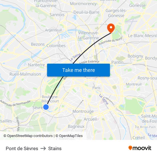 Pont de Sèvres to Stains map